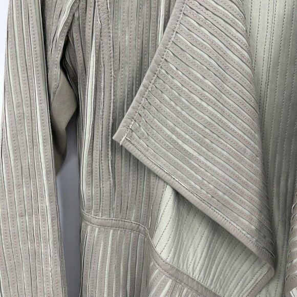 My Tribe Grey Taupe Leather Striped Open Front Waterfall Fitted Jacket - Picture 4 of 8